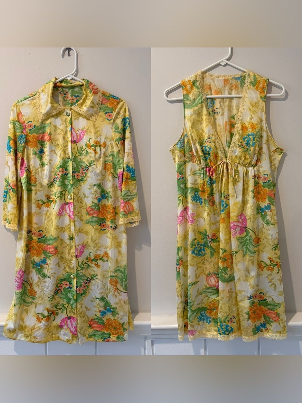 EUC Vintage Vanity Fair Size 34 Floral Satin Pajama Set Housecoat Nightgown